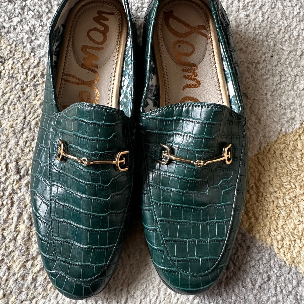 Sam Edelman Green Textured Loafers with Gold Hardware